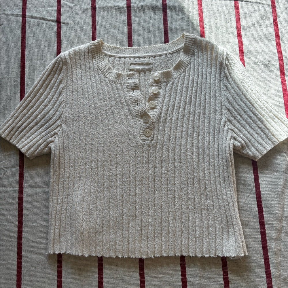 Anthropologie Cream Ribbed Cropped Sweater Top